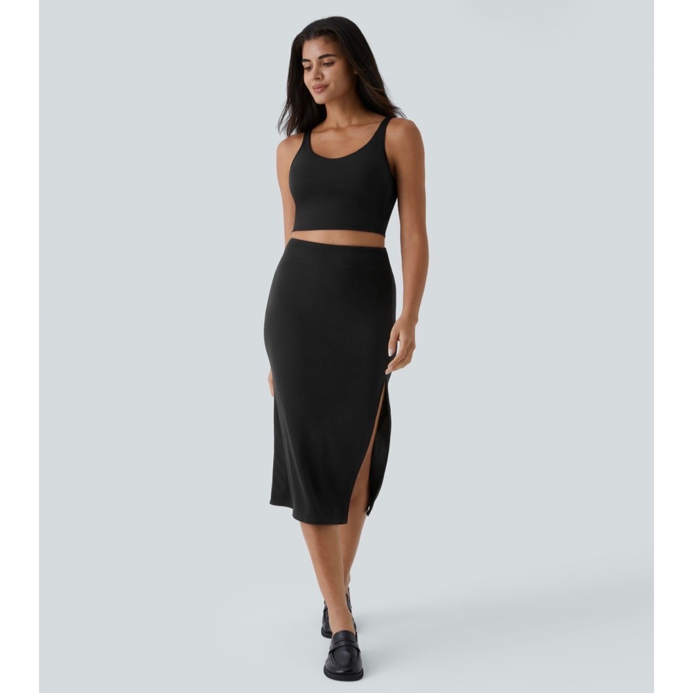 Halara Black Ribbed High Waisted Bodycon Midi Skirt Side Slit Large NEW
